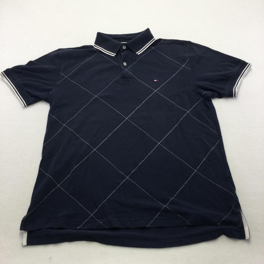 Tommy Hilfiger Polo Shirt Mens Large Blue Argyle Cotton Short Sleeve Logo